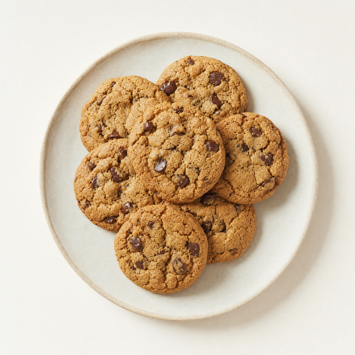 Ashwagandha chocolate chip cookies on a cream plate, overhead