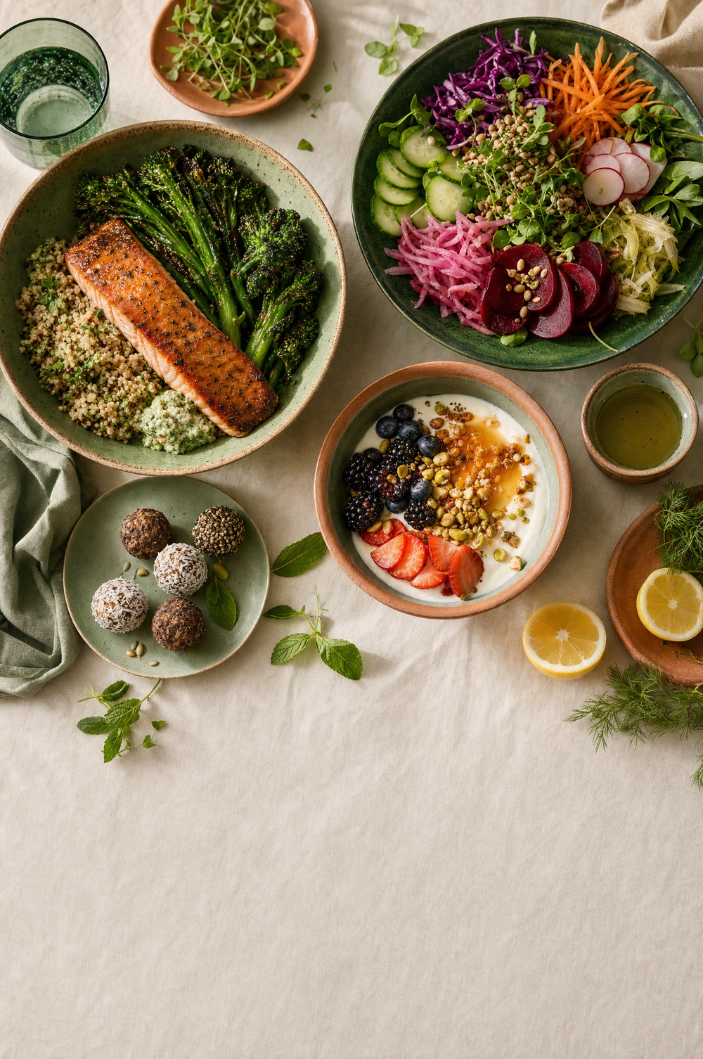 A full day of LUVF meals laid out overhead on cream linen
