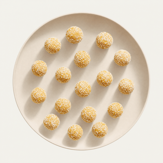 Mango coconut bliss balls on a cream plate, overhead
