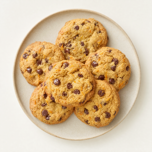 Orange cookies with chocolate chips on a cream plate, natural light