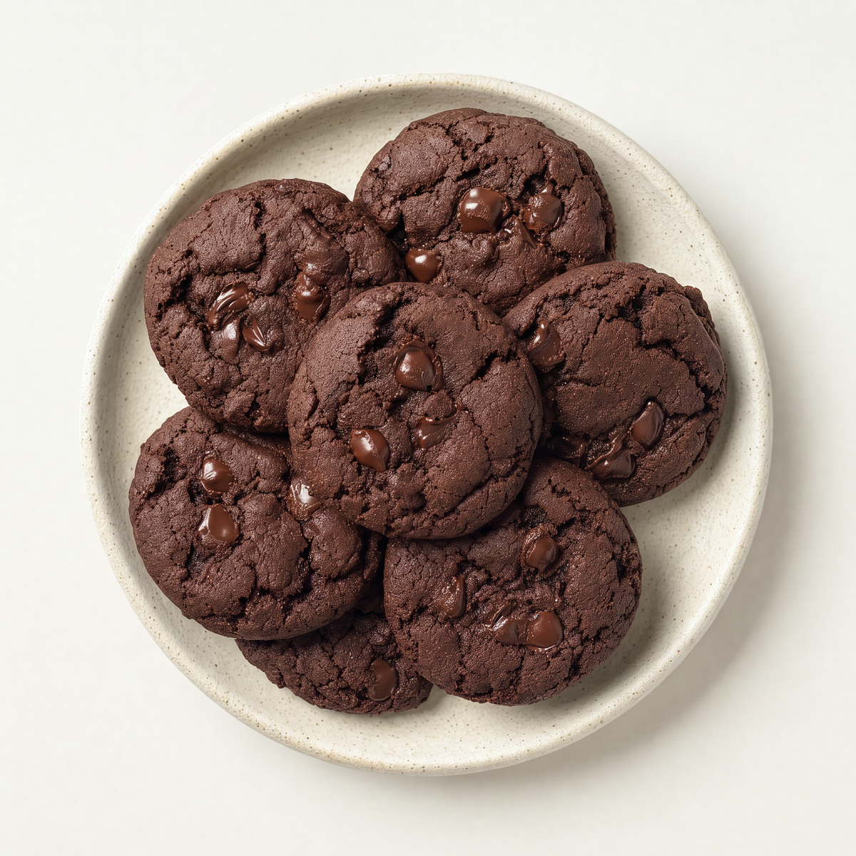 Double chocolate cookies on a cream plate, natural light
