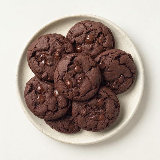 Double chocolate cookies on a cream plate, natural light