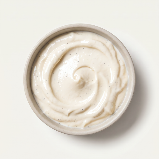 Probiotic vanilla vegan yogurt in a stone bowl, overhead