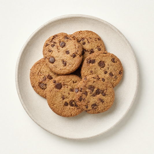 Chocolate chip cookies on a cream plate, overhead