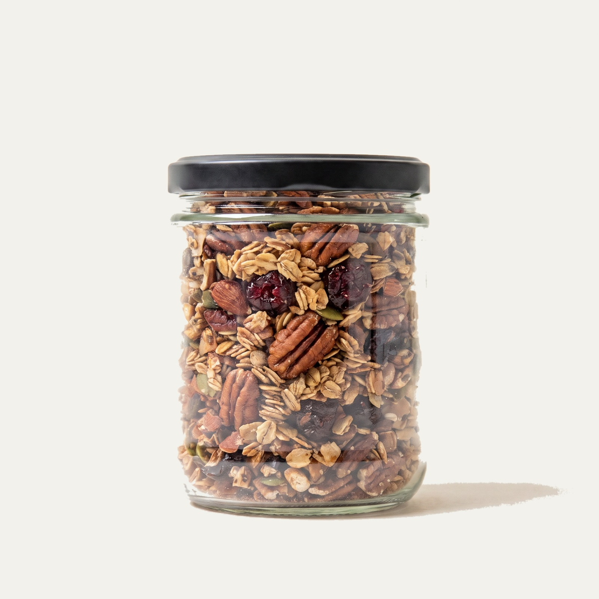 Pecans and cherries granola jar, filled from the real product photo