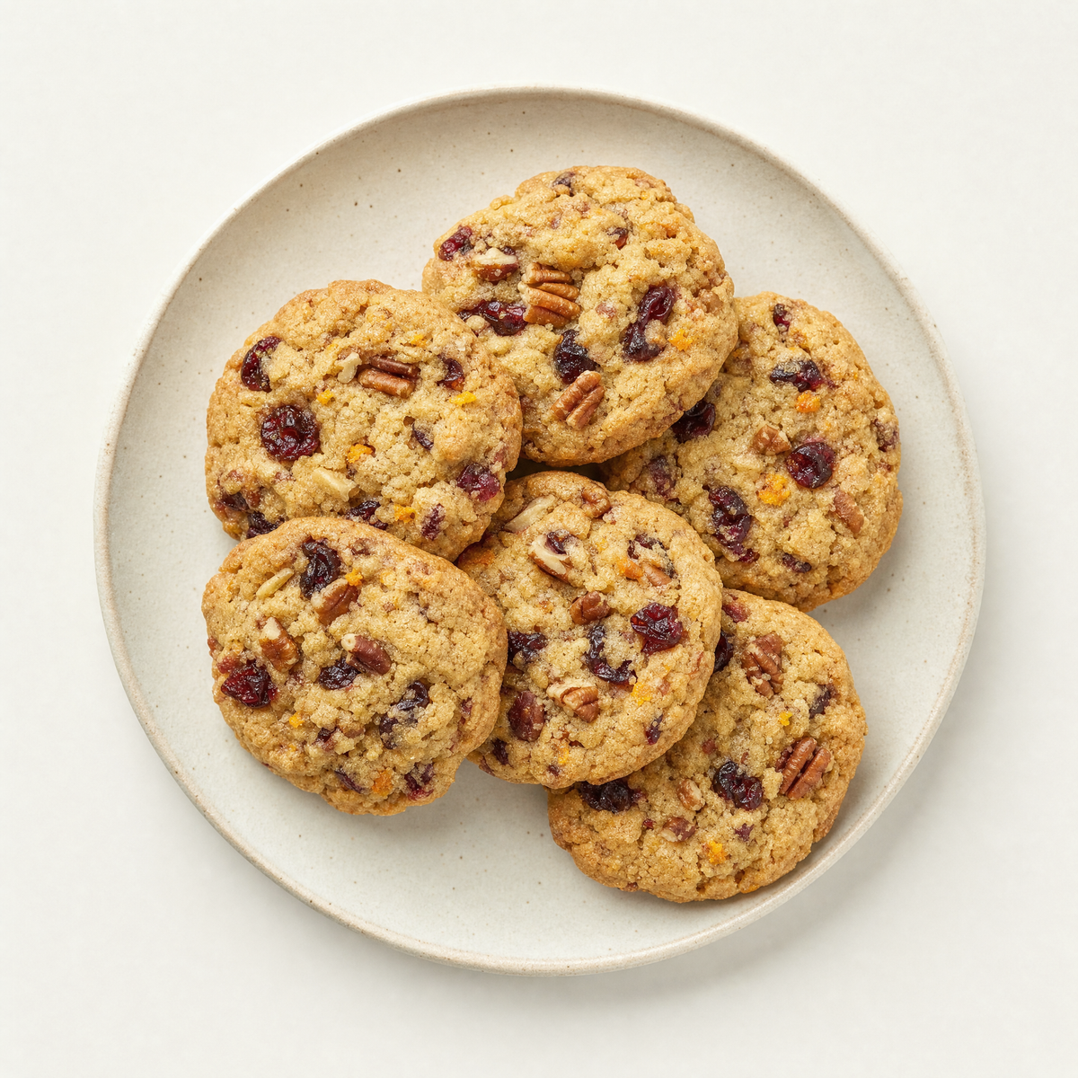 Cranberry cookies with orange and pecans on a cream plate, overhead