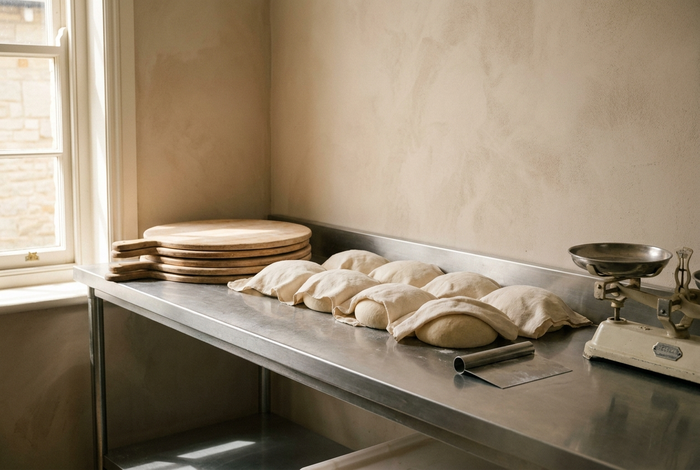 LUVF's dedicated zero-gluten bakery bench, with dough resting under linen cloths